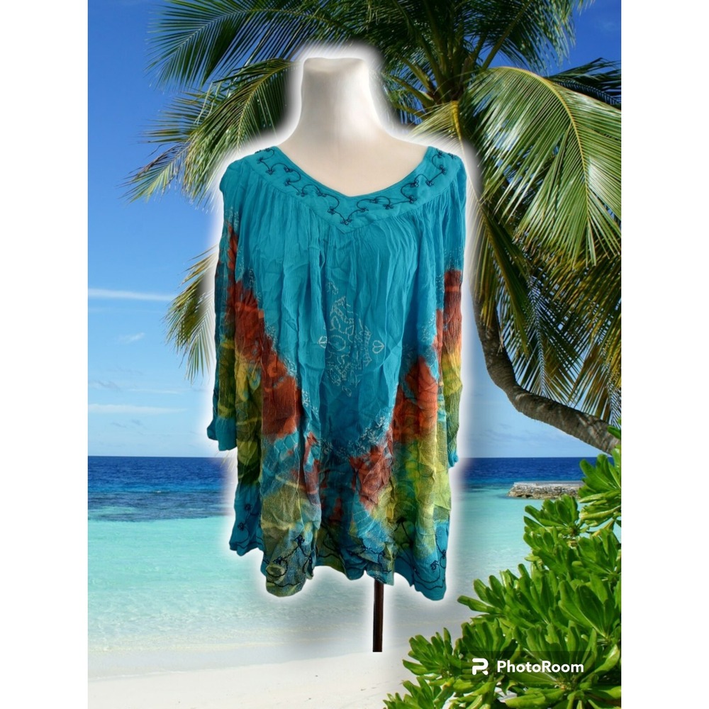 Shoreline New Blue Tie Dye Embroidered Beaded 3/4 Sleeves Blouse Tunic Size 3X